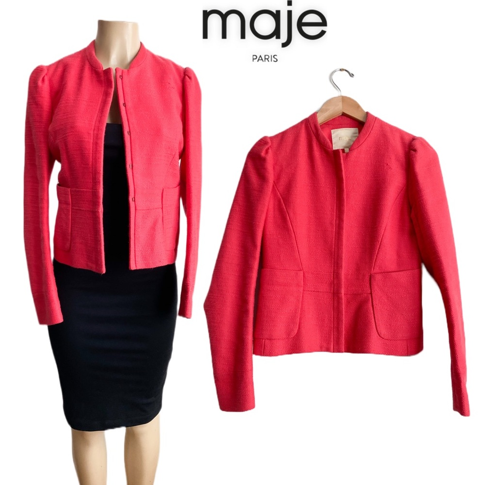 MAJE Tweed Short Blazer Jacket Collarless Long Pleated Sleeves Pink Red M